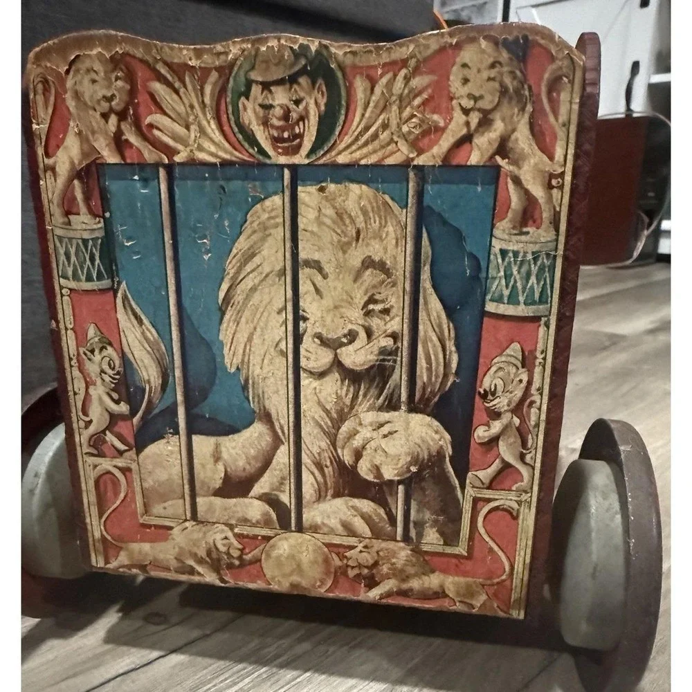 Vintage  900 Circus Wagon Wooden Pull Toy Horses Lion Lithograph
